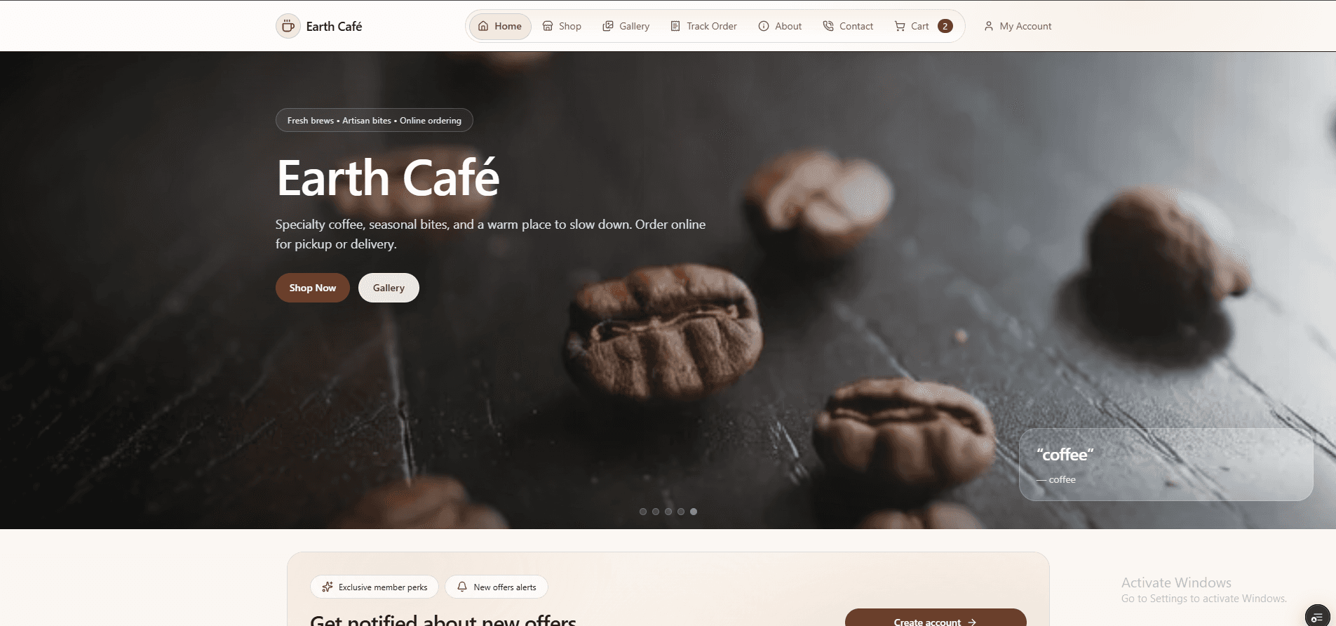 Earth Café | Premium Café Ordering Website